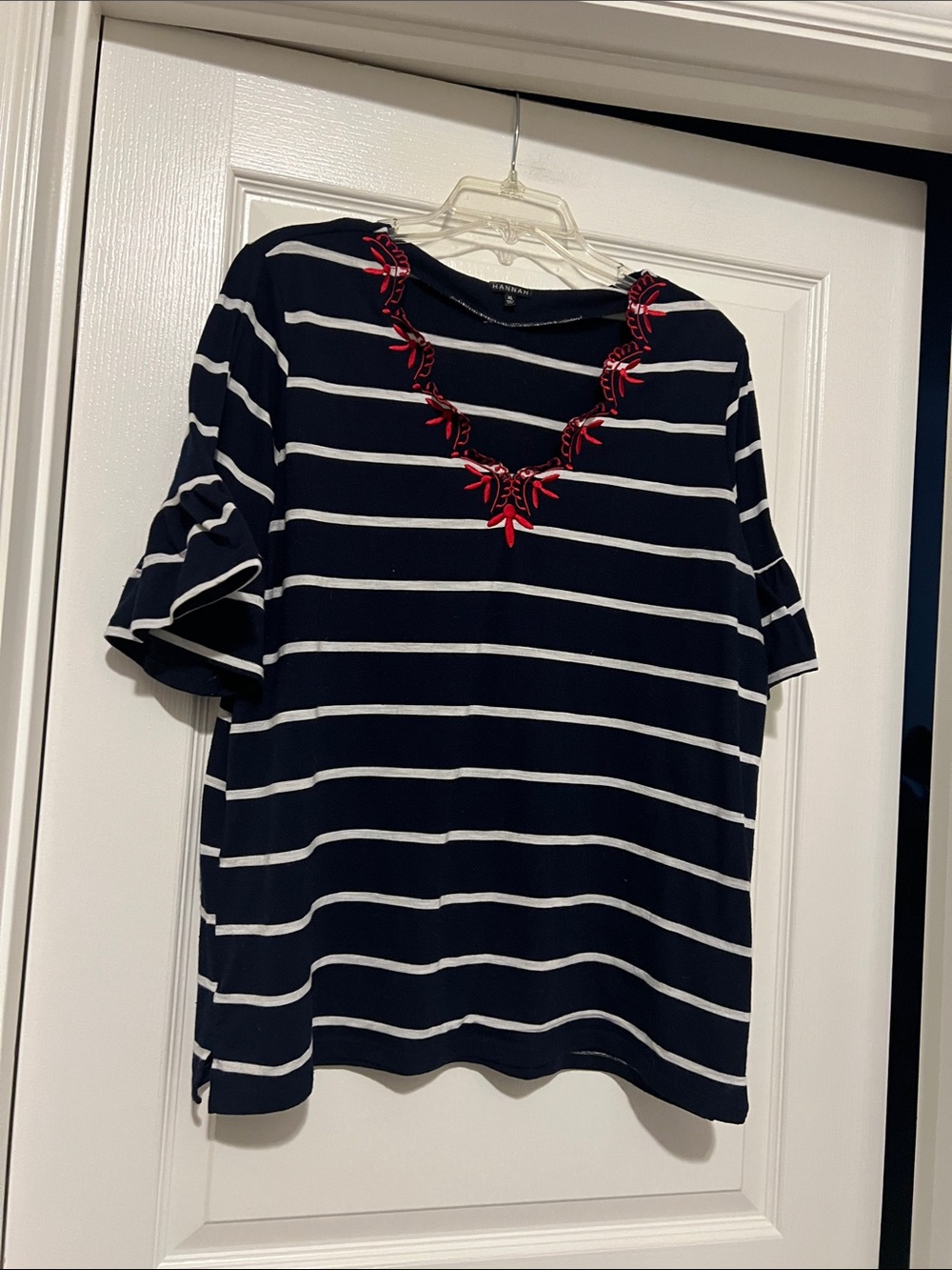 Hannah Navy Stripe Embellished Short-Sleeve Top